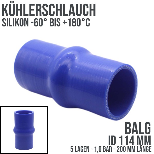 Blauer Silikon Kühlerschlauch (Balg / Wulst-Verbinder) mit einem  Innendurchmesser von 114 mm und einer Länge von ca. 200 mm. Maximaler  Betriebsdruck PN 1 bar