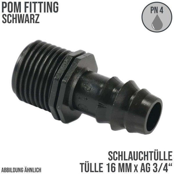 16 mm x 3/4" Schlauch Tülle Verbinder Stutzen Außen Gewinde AG Tropf Fitting schwarz PN 4 bar