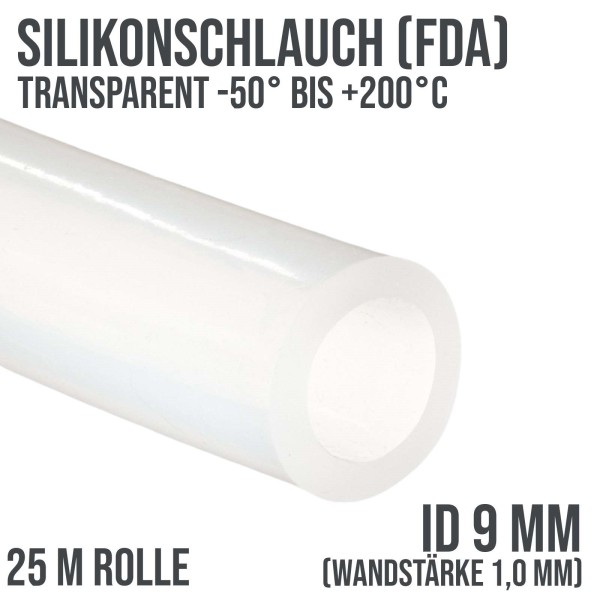 9 x 11 mm Silikonschlauch Silicon Milch Schlauch transparent lebensmittelecht FDA - 25m Rolle