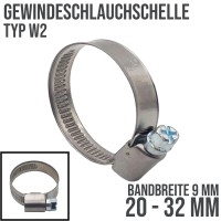 20 - 32 mm Schlauchschelle W2 (DIN3017) Rohr Schelle Edelstahl V2A - Bandbreite: 9 mm