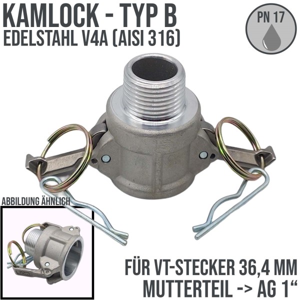 Kamlock Typ B - Mutterteil (36,7 mm) Edelstahl V2A (AISI 316) mit Außengewinde (AG) 1" Zoll DN25 - P