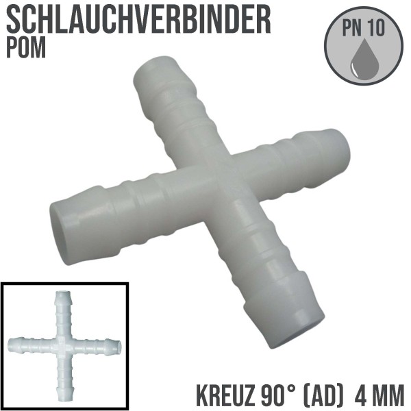 4 mm POM Kreuz Schlauch Verbinder Stutzen Tülle Kupplung Fitting weiss PN 10 bar