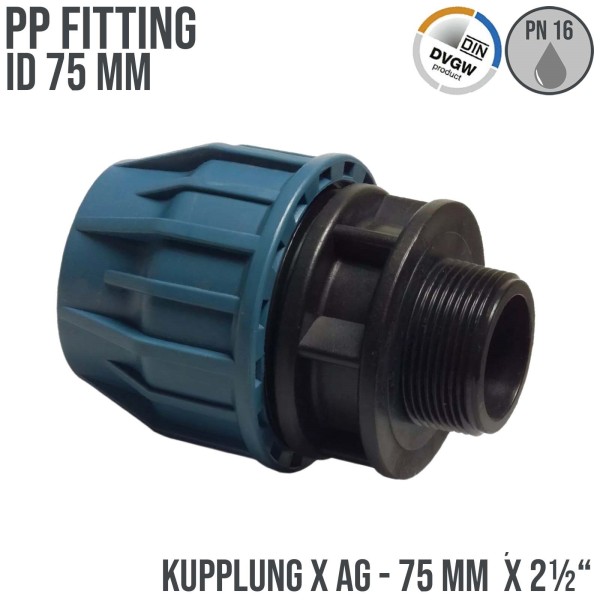 75 mm x 2"1/2 PE / PP Fitting Klemmverbinder Verschraubung Muffe Rohr Kupplung x AG