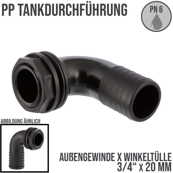 3/4" x 20 mm Tank Regentonne Durchführung Außengewinde x 90° Winkel Schlauch Tülle - PN 6 bar