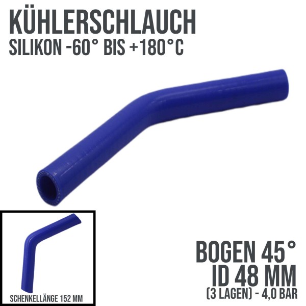 Blauer Silikon Kühlerschlauch als 45° Bogen mit einem Innendurchmesser von  48 mm und einer Wandstärke von 4 mm. Schnenkellänge ca. 152 mm.