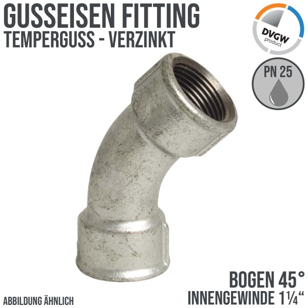 1 1/4" Gusseisen Temperguss Fitting Bogen 45° Innengewinde IG DVGW PN 25 bar