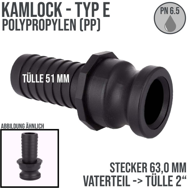 Kamlock Typ E - Vaterteil PP - 63,0 mm Stecker -> Tülle 51 mm 2" Zoll DN50 - PN 6,5 bar