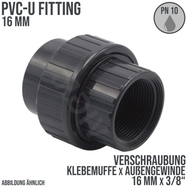 16 mm PVC Klebe Fitting Verschraubung Innengewinde IG 16 mm x 3/8" Muffe Verbinder - PN 10 bar