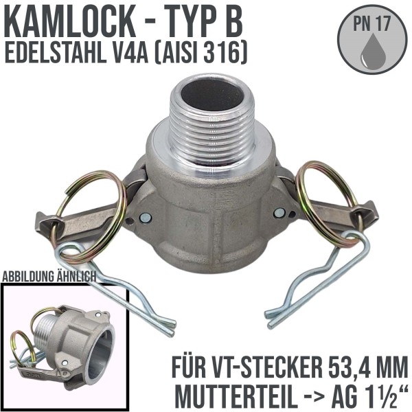 Kamlock Typ B - Mutterteil (53,4 mm) Edelstahl V2A (AISI 316) mit Außengewinde (AG) 1 1/2" Zoll DN38