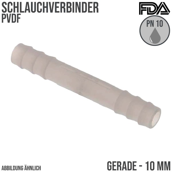 10 mm PVDF Schlauch Verbinder Stutzen Tülle Fitting FDA Lebensmittel weiss PN 10 bar