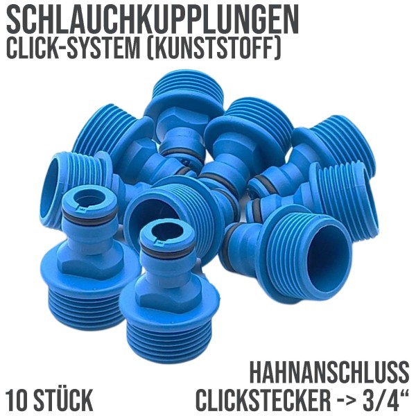 3/4" Zoll AG Hahnanschluss Click-System Quickconnect Außengewinde Kunststoff blau - 10er Pack