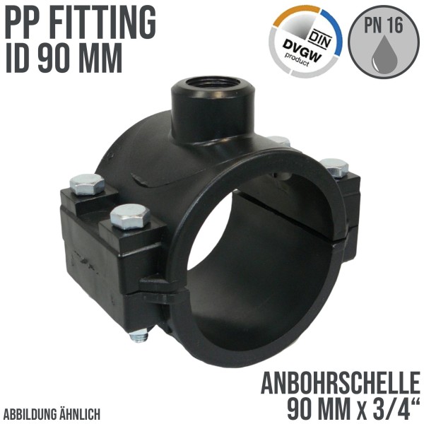 90 mm x 3/4" PP PE Anbohr Abzweig Schelle Klemmschale x Innengewinde DVGW [PN16]