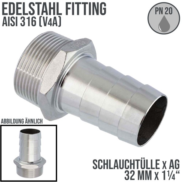 32 mm x 1 1/4" Zoll Schlauch Tülle Stutzen Außengewinde AG Nippel Edelstahl AISI 316 VA Fitting - P