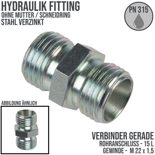 Hydraulik Verschraubung gerader Verbinder 15 L (M 22 x1,5) AG ohne Mutter / Schneidring