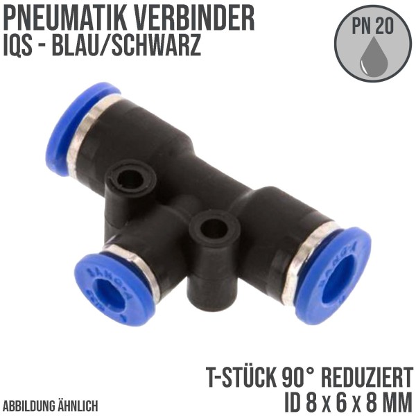 8 -> 6 mm Pneumatik Schnell Steck Verbinder IQS T-Stück 90° reduziert blau/schwarz PA PU Schlauch -