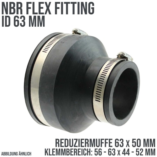 63 mm NBR Flex Fitting Reduziermuffe 63 x 50 mm Verbinder Reparatur (Klemmbereich 56-63 -> 44-52 mm)