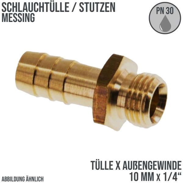 10 mm x 1/4" Zoll Schlauch Tülle Stutzen Außengewinde AG Nippel Messing Fittings - PN 30 bar