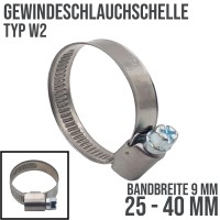 25 - 40 mm Schlauchschelle W2 (DIN3017) Rohr Schelle Edelstahl V2A - Bandbreite: 9 mm