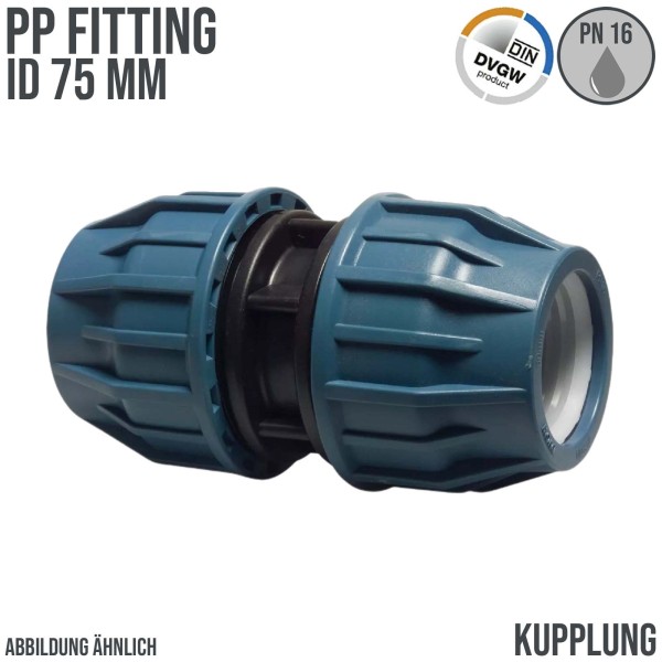 75 mm PE / PP Fitting Klemmverbinder Verschraubung Muffe Rohr Kupplung DVGW