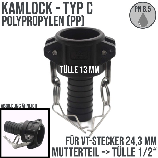 Kamlock Typ C - Mutterteil (24,3 mm) Polypropylen PP -> Tülle 13 mm 1/2" Zoll DN13 DN15 - PN 8,5 bar