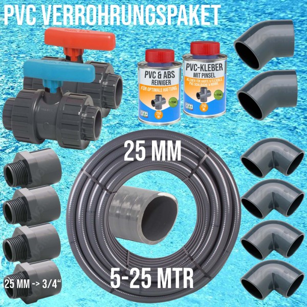 25 mm (3/4") PVC Klebe Fittings Verrohrungspaket Pool Schwimmbad Schlauch FLEX