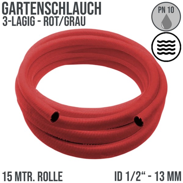 1/2" 13 mm 3-lagig Garten Wasser Bewässerung Universal Schlauch rot/grau - PN 10 bar - 15m