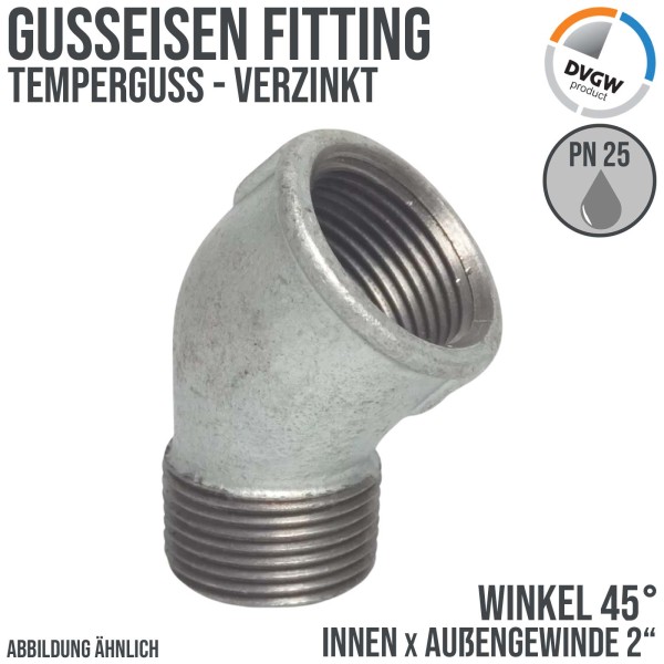 2" Gusseisen Temperguss Fitting Winkel 45° Innen x Außengewinde IG x AG DVGW PN 25 bar