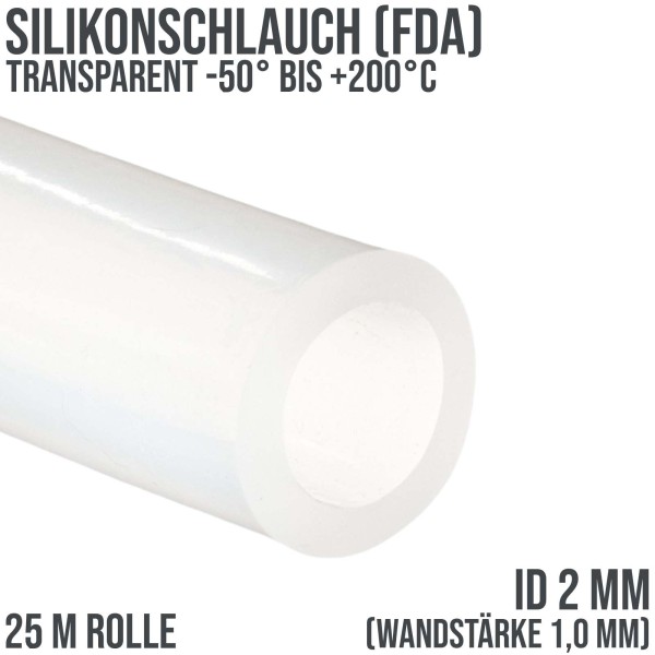 2 x 4 mm Silikon Silicon Milch Schlauch transparent lebensmittelecht FDA 0,60 bar - 25 m Rolle