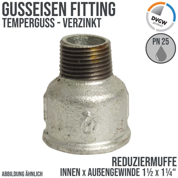 1 1/2" x 1 1/4" Gusseisen Temperguss Reduziermuffe Innen x Außengewinde DVGW PN 25 bar