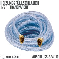 15 m Heizungs Füllschlauch Wasser Heizkörper Radiator Sanitär Schlauch transparent 3/4" Anschluss - 