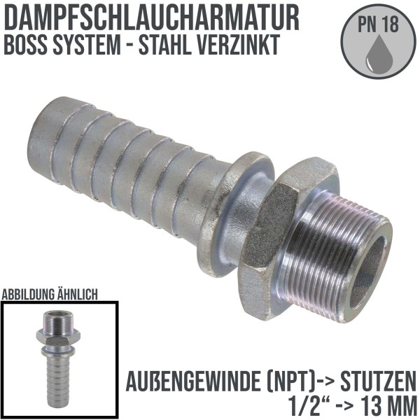 1/2" BOSS Dampfschlaucharmatur Außengewinde NPT Sicherungsbund Stahl verzinkt Stutzen Tülle 13 mm -