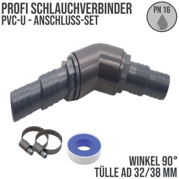 32 / 38 mm PVC PROFI Winkel 45° Schlauch Verbinder Stutzen Tülle Pool - PN 16 bar - Montage-Set