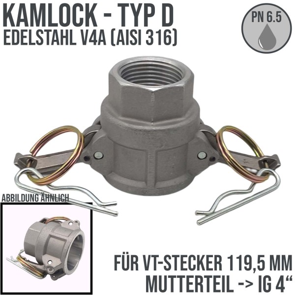 Kamlock Typ D - Mutterteil Edelstahl V4A (AISI 316) mit Innengewinde (IG) für Stecker 119,5 mm - 4"