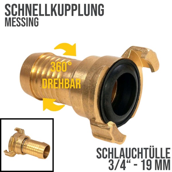 3/4" 19 mm Messing Schlauch Schnell Kupplung Tülle drehbar (GEKA kompatibel)