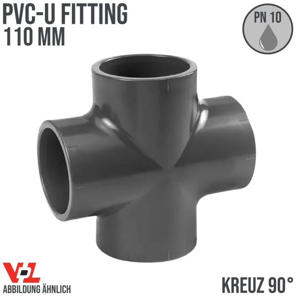 110 mm VDL PVC Klebe Fitting Kreuz Stück 90° Winkel Muffe Verbinder - PN 10 bar