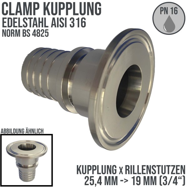 CLAMP Kupplung 25,4 mm Schlauch Stutzen Rillen Tülle 19 mm 3/4" Norm BS 4825 - PN 16 bar