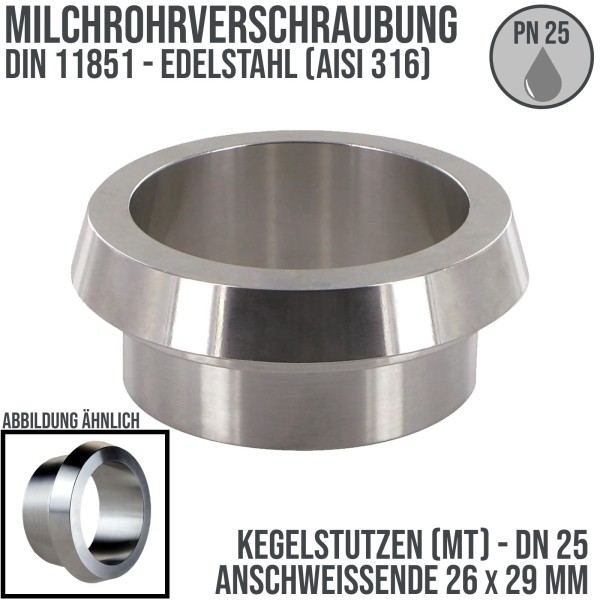 DN 25 Milchrohr Verschraubung DIN 11851 Mutterteil Kegel Stutzen Anschweißende ID x AD 26 x 29 mm -