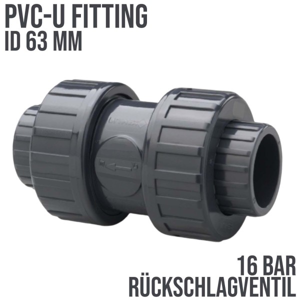 63 mm PVC Rückschlagventil Feder/Kugel Klebemuffe PN16 - grau
