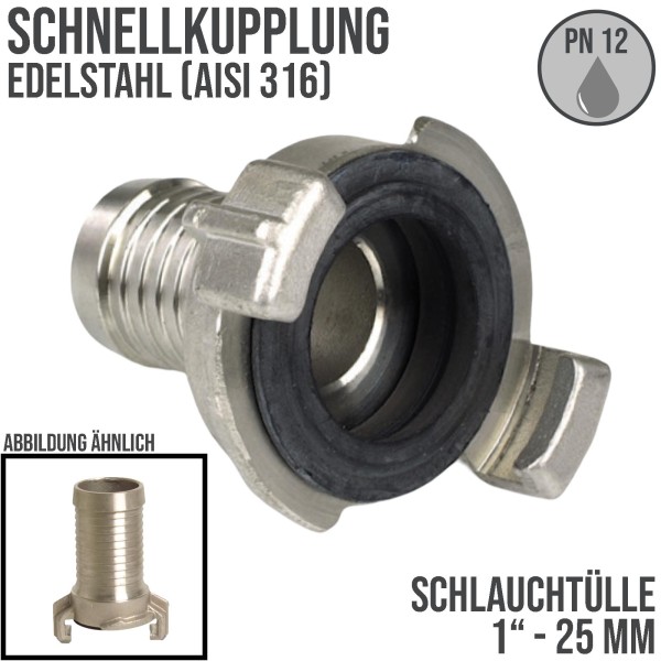 1" 25 mm Edelstahl AISI 316 Schlauch Schnell Kupplung Tülle (GEKA kompatibel) - PN 12 bar