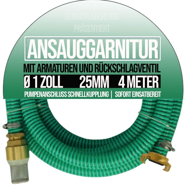 25 mm 1" Zoll Ansaug Saug Schlauch Pumpen Garnitur Schnellanschluss GEKA kompatibel grün - 4 m
