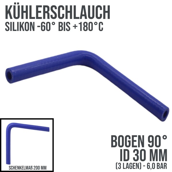 30 x 38 mm Kühlerschlauch Silikon Bogen 90° LLK Ladeluft Kühlmittel Schlauch blau (6,0 bar) - 200mm