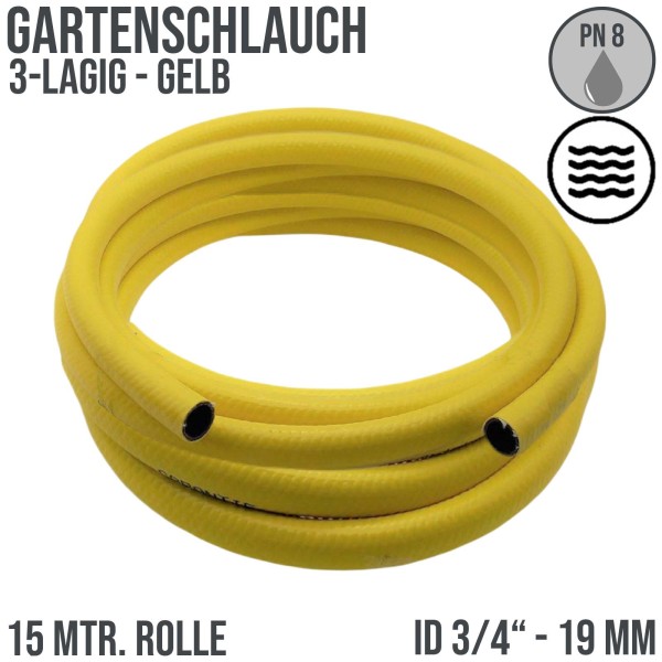 3/4" 19 mm 3-lagig Garten Wasser Bewässerung Universal Schlauch gelb - PN 8 bar - 15 m