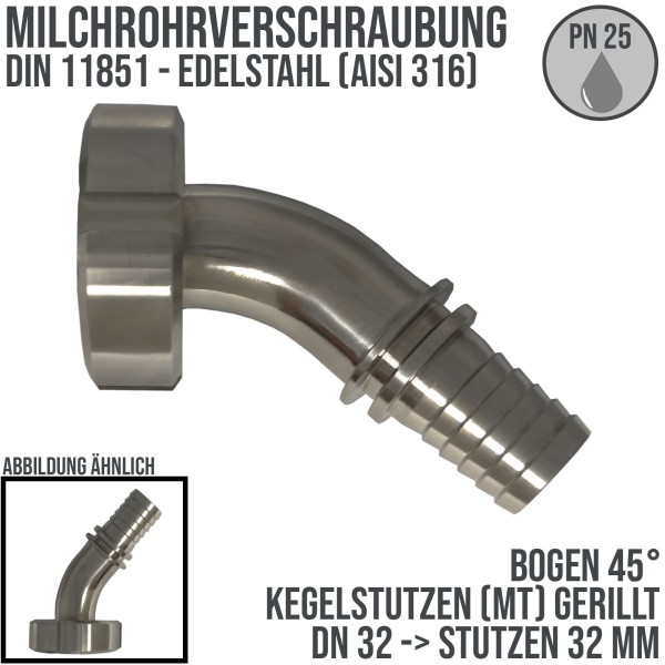 DN 32 Milchrohr Verschraubung DIN 11851 Mutterteil 45° Bogen Kegel Stutzen Sicherungsbund - Stutzen