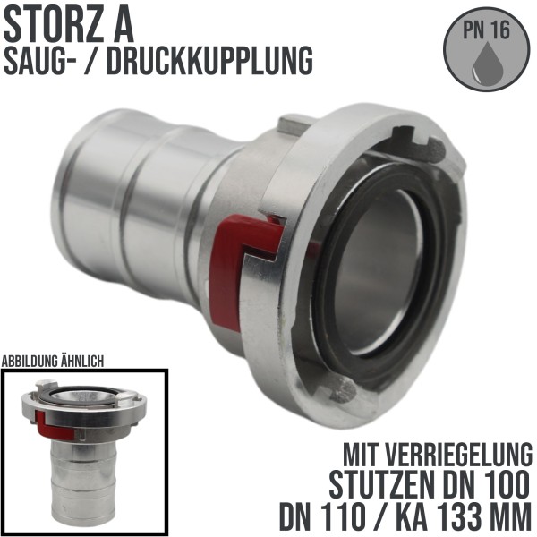 STORZ A DN110 KA133 Saug Kupplung -> Stutzen Tülle DN100 mit Verriegelung Bau Feuerwehr Schlauch PN