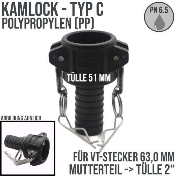 Kamlock Typ C - Mutterteil (63,0 mm) Polypropylen PP -> Tülle 51 mm 2" Zoll DN50 - PN 6,5 bar