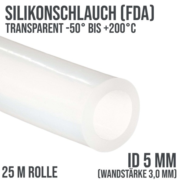 5 x 11 mm Silikon Silicon Milch Schlauch transparent lebensmittelecht FDA 0,68 bar - 25 m Rolle