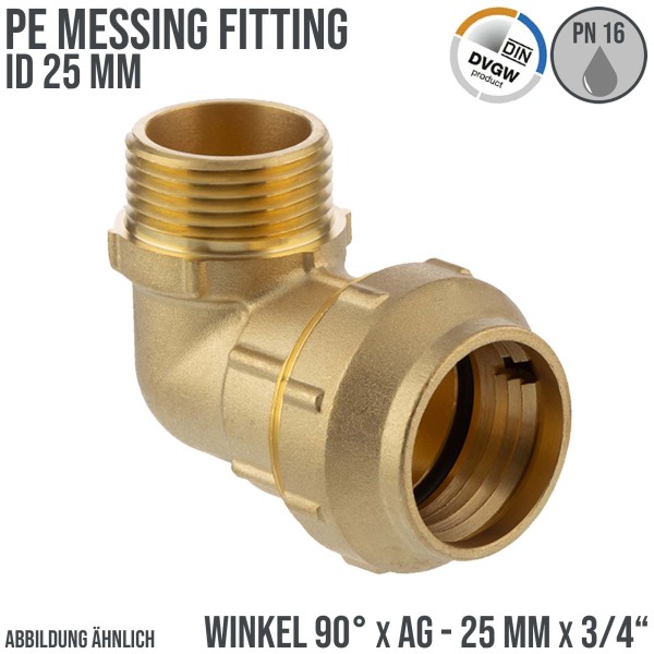 25 mm x 3/4" PE Fitting Klemm Verbinder Messing Verschraubung Muffe Winkel 90° x AG DVGW - PN 16 bar