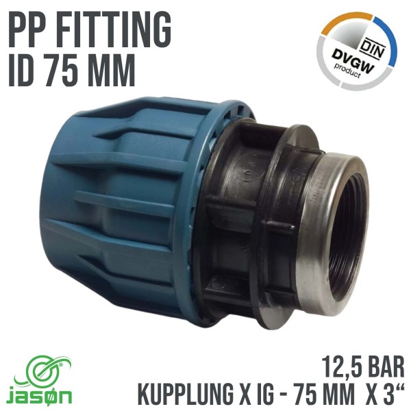 75 mm x 3" PE / PP Fitting Klemmverbinder Verschraubung Muffe Rohr Kupplung x IG