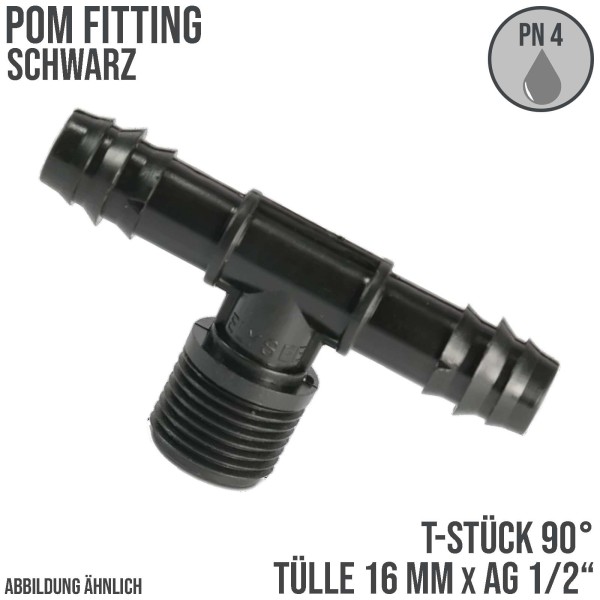 16 mm x 1/2" POM T-Stück 90° Schlauch Verbinder Stutzen Tülle Außen Gewinde AG Tropf Fitting schwarz