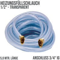5 m Heizungs Füllschlauch Wasser Heizkörper Radiator Sanitär Schlauch transparent 3/4" Anschluss - P